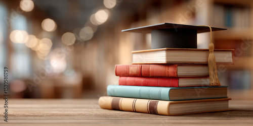 stack of books gently piling up with a graduation cap appearing on top