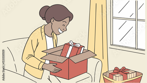 Woman smiling while opening a red gift box inside a cardboard box in a living room near a window and curtain