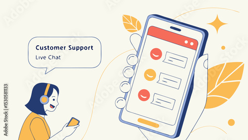 Illustration of a woman with headphones using a smartphone for customer support and live chat on a phone