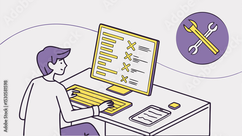 Man working at a computer with a checklist on the screen and tools icon in the background design illustration