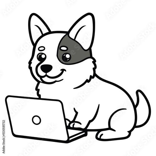 Cute corgi dog working on a laptop vector . 