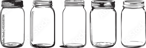 Glass Jar Silhouette Set Featuring Five Identical Empty Containers with Metal Lids in Black Vector Style
