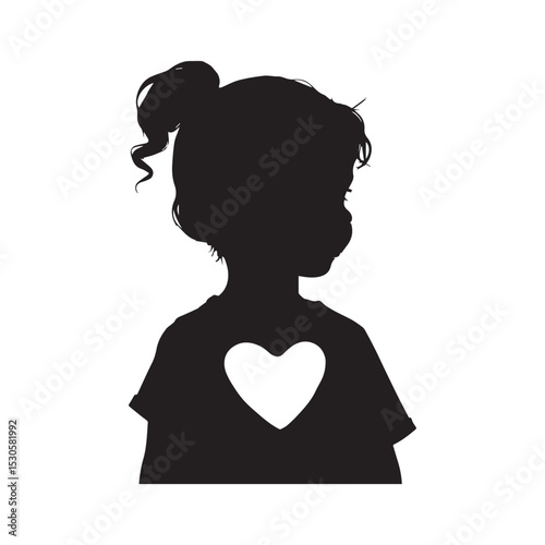 Silhouette of a little girl with a heart: A captivating silhouette of a young girl, her hair elegantly styled in a bun, adorned with a heart on her shirt, embodies purity and innocence.