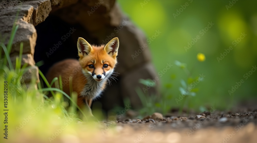 Fototapeta premium Whispers in the Undergrowth: A Fox Pup's First Hunt