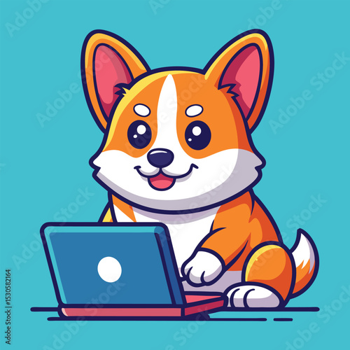 Cute corgi dog working on a laptop vector . 