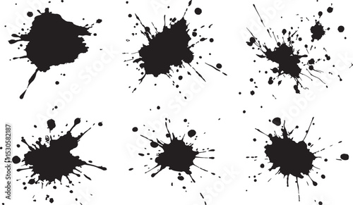  Ink Splat Silhouette Set Featuring Six Unique Abstract Blots with Organic Contours in Black Vector Style