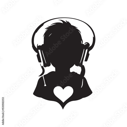 Musical Soul: A silhouette of a person with headphones and a heart symbol, representing a deep love and passion for music, capturing the essence of musical immersion and emotional connection.