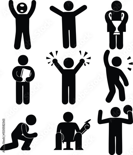 Victory and Emotion Stick Figure Icons – Silhouette Vector Set of People Expressing Triumph, Joy, and Motivation for Presentation or Infographic Use