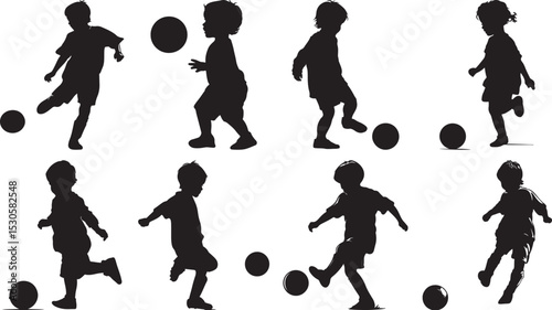 Kids Soccer Silhouette Set Featuring Eight Dynamic Poses with Soccer Balls in Black Vector Style