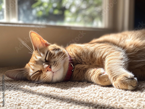 Sleeping Ginger Cat in Sunlight. Adorable ginger cat sleeping peacefully in warm sunlight on carpet near window, capturing a moment of relaxation and comfort.