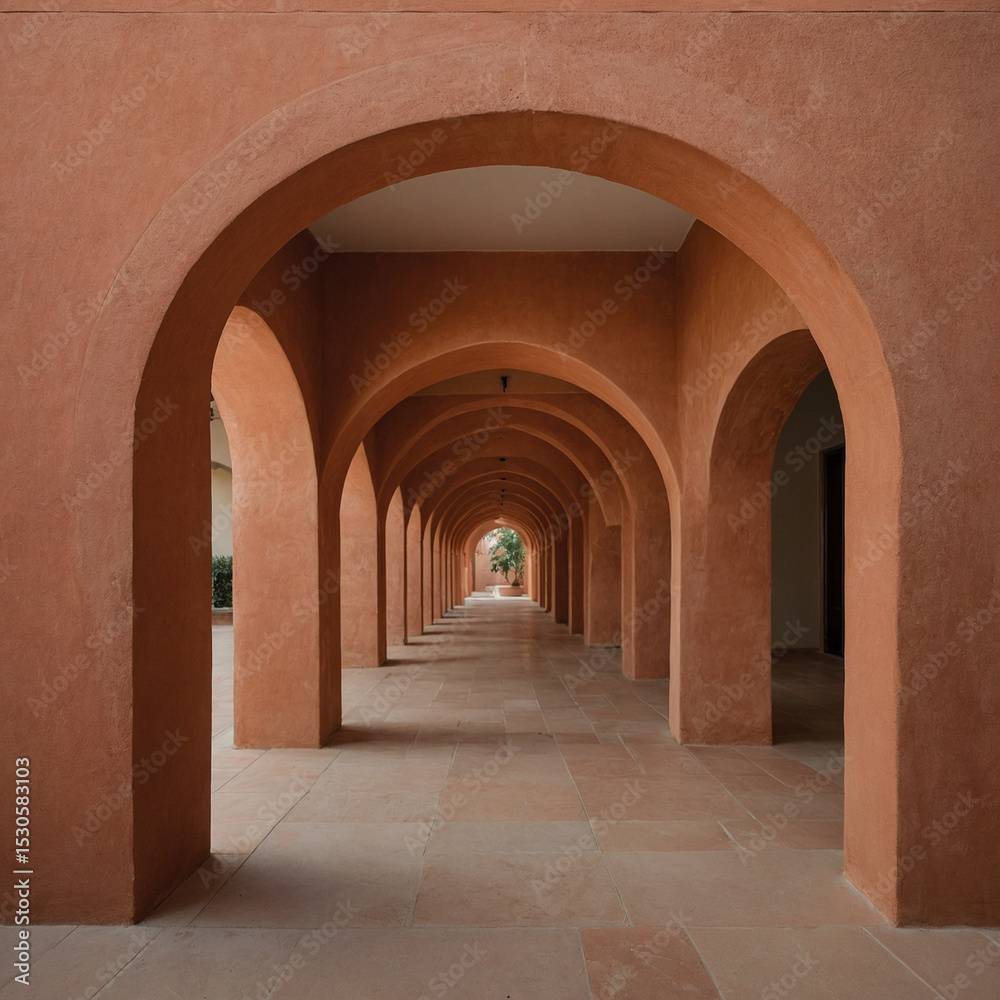 Obraz premium A long, narrow hallway with arched doorways and a red color scheme
