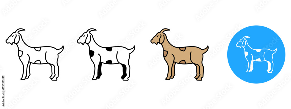 Fototapeta premium Mountain Goat Head Icon Set – Line, Glyph, Flat, and Background Styles