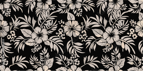 Monochrome floral pattern featuring hibiscus blossoms leaves and small flower clusters repeated densely across black