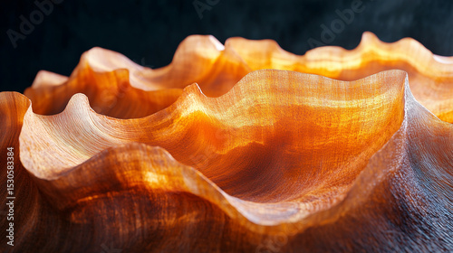 Macro of Shell Texture with Warm Lighting. Close-up macro photograph of shell texture illuminated with warm lighting, showcasing natural curves, waves, and organic patterns.