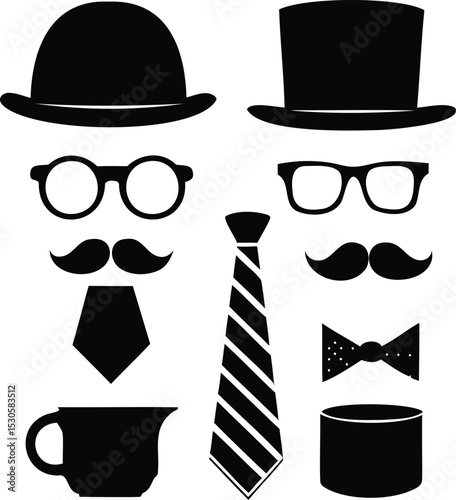 Vintage Gentleman Icon Set – Collection of Mustache, Hat, Tie, Glasses, and Mug Silhouettes for Retro Fashion, Hipster Style, and Men's Accessories