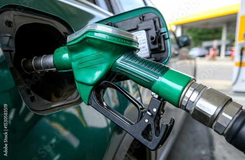 Close Up View Of Green Fuel Pump At Gas Station