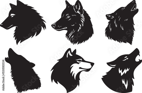 Wolf Head Silhouette Set Featuring Six Stylized Profiles in Snarling, Howling, and Gaze-Forward Poses in Black Vector Style