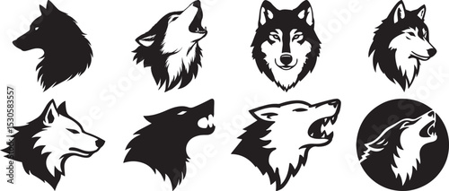 Wolf Head Silhouette Collection Featuring Eight Distinct Expressions in Profile, Howling, and Snarling Poses in Black Vector Style