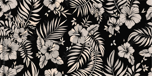 Monochrome floral pattern featuring hibiscus flowers and palm leaves on a black background design element