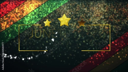 Celebrating US Black Rights federal Freedom Day JUNETEENTH 4K bg. Emancipation Day particles falling gold typography fairy dust. Anti-slave movement part, elegant social media post, story ad clip UHD.