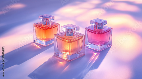 Three Elegant Perfume Bottles in Soft Light. Three elegant glass perfume bottles with pink, orange, and purple tones, beautifully lit with soft colorful reflections, representing luxury fragrance.