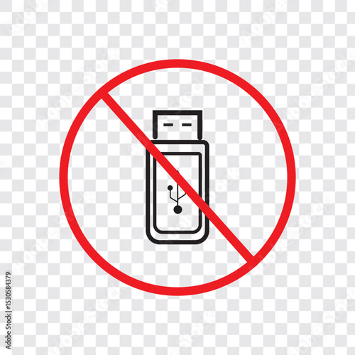 No Usb stick, Flash drive prohibition icon sign. No or stop red circle and usb flash drive sign isolated on white background.