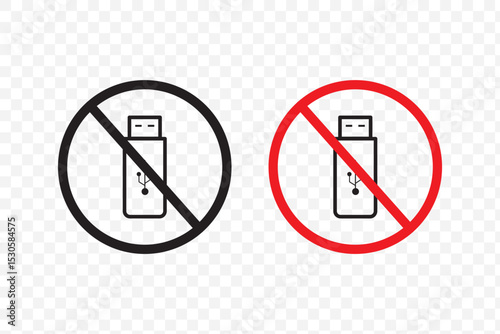 USB prohibition icon. No flash drive. Red circle symbol. Vector illustration.