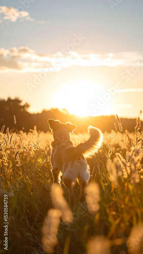 Dog Wagging Tail in Golden Hour Light Among Tall Grass Fields photo