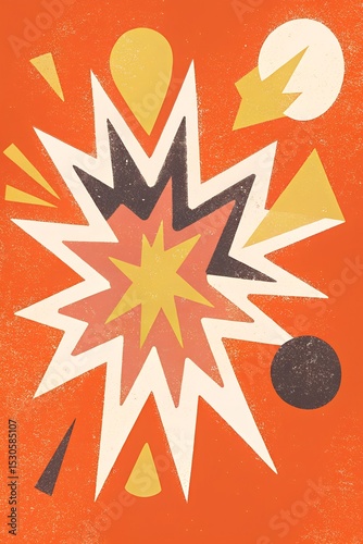 Abstract Orange Background with Starburst and Geometric Shapes A Vibrant Mid-Century Modern Design