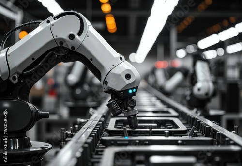 Advanced robotic arm assembling electronic components on a production line in a high-tech factory photo