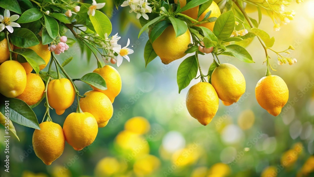 Citrus fruit lemons hanging on a branch with lush green leaves and colorful yellow blossoms Citrus fruit lemons hanging on a branch with lush green leaves and colorful yellow blossoms