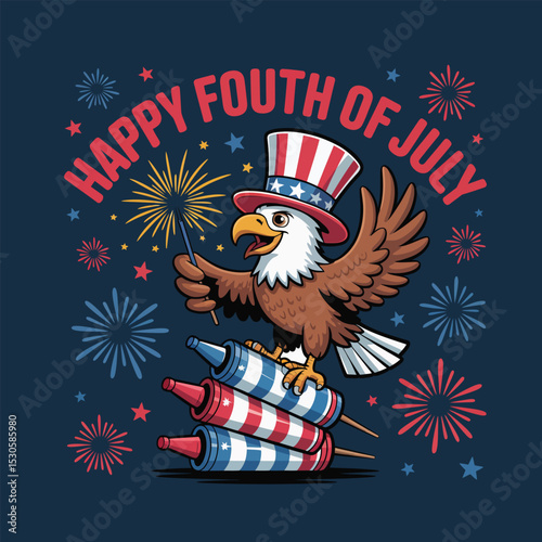 Patriotic Bald Eagle Celebrating Fourth of July with Fireworks