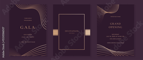 Luxury wedding invitation card background vector. Golden elegant gold wavy lines on purple background. Premium design illustration for wedding and vip cover template, banner, poster.