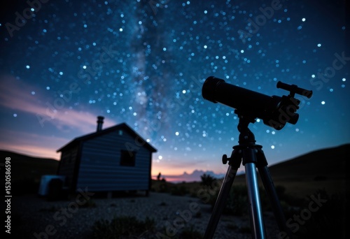 Telescope set up outdoors under a starry night sky with a small house nearby photo