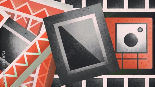 Abstract Geometric Composition with Overlapping Shapes and a Textured Effect in Coral, Gray, and Black
