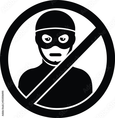 No Burglar Warning Sign – Black Silhouette Icon of Masked Thief with Prohibition Symbol for Security, Anti-Theft, and Safety Graphics