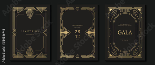 Luxury wedding invitation card background vector. Golden elegant gold wavy lines on brown background. Premium design illustration for wedding and vip cover template, banner, poster.