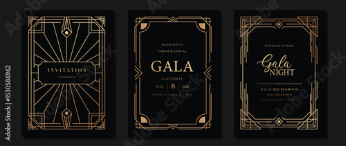 Luxury wedding invitation card background vector. Golden elegant gold wavy lines on dark background. Premium design illustration for wedding and vip cover template, banner, poster.