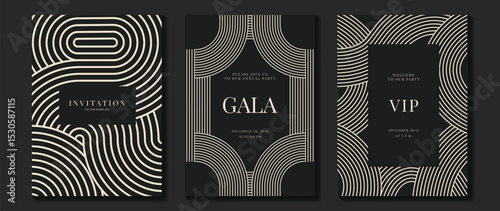 Luxury wedding invitation card background vector. Golden elegant gold wavy lines on dark background. Premium design illustration for wedding and vip cover template, banner, poster.