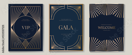 Luxury wedding invitation card background vector. Golden elegant gold wavy lines on navy blue background. Premium design illustration for wedding and vip cover template, banner, poster.