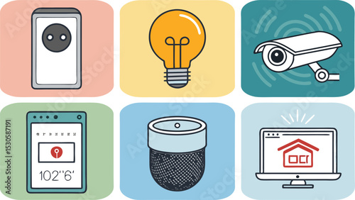 Smart home icon set thermostat, smart speaker, door lock, light bulb, camera, and app interface in clean modern vector style.
