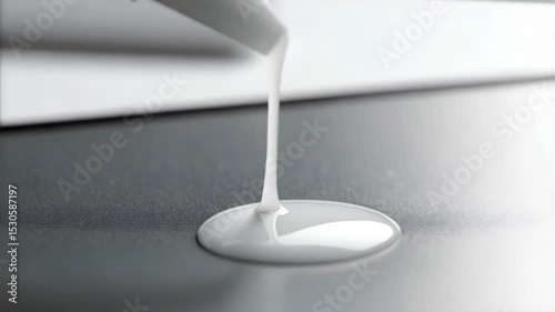 Close-up shot of white adhesive glue or sealant dripping from a nozzle onto a black surface, showcasing texture and application detail.
