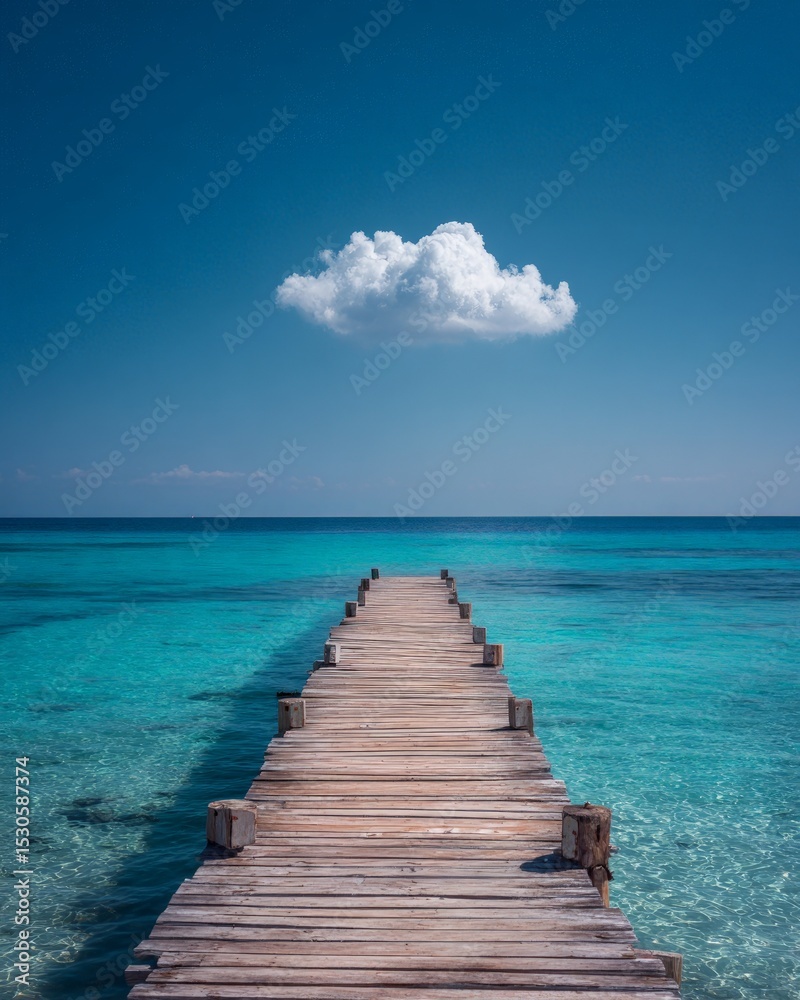 Obraz premium Wooden Pier Extends Into Turquoise Ocean Under Blue Sky With Cloud