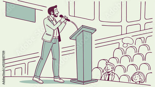 Illustration of a man giving a speech at a podium with an audience in a theater or auditorium hall