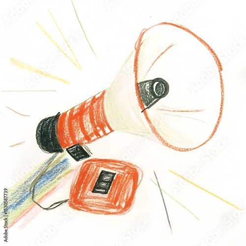 Childlike Crayon Drawing of a Red and Black Megaphone with Battery Pack