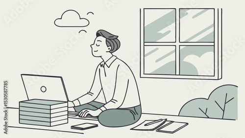 Person sitting cross legged working on a laptop with cloud thought bubble and window in the background