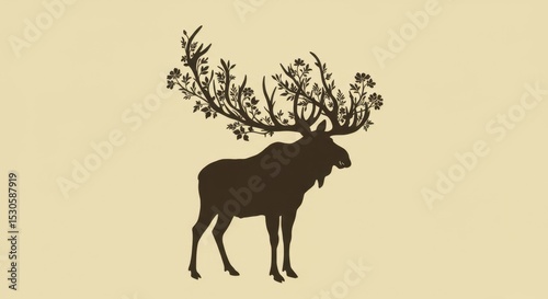 Stylized Moose Silhouette with Botanical Antlers