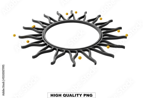 Sun-shaped Frame: An artistic sun-shaped frame, with dynamic rays radiating outward and with small golden particle decorations, creating a vibrant, artistic image.