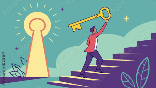 Man climbing stairs reaching for a golden key near a glowing keyhole with stars in the background scene