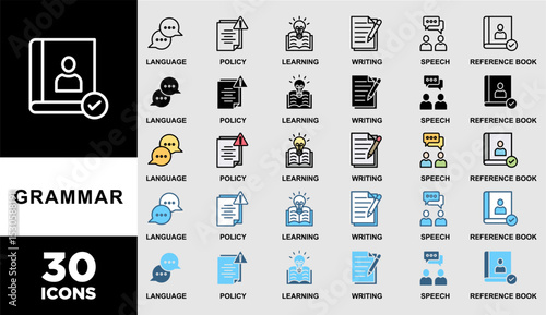 GRAMMAR icon set with various styles and colors of Grammar banner web icon vector illustration concept for languange education with icon of communication, policy, learning, writing, speech, and refere